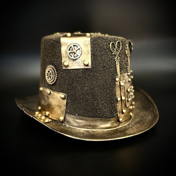 Steampunk Top Hat Metallic Scientist Time Traveler Halloween Costume Cosplay Hat - Picture 2 of 5